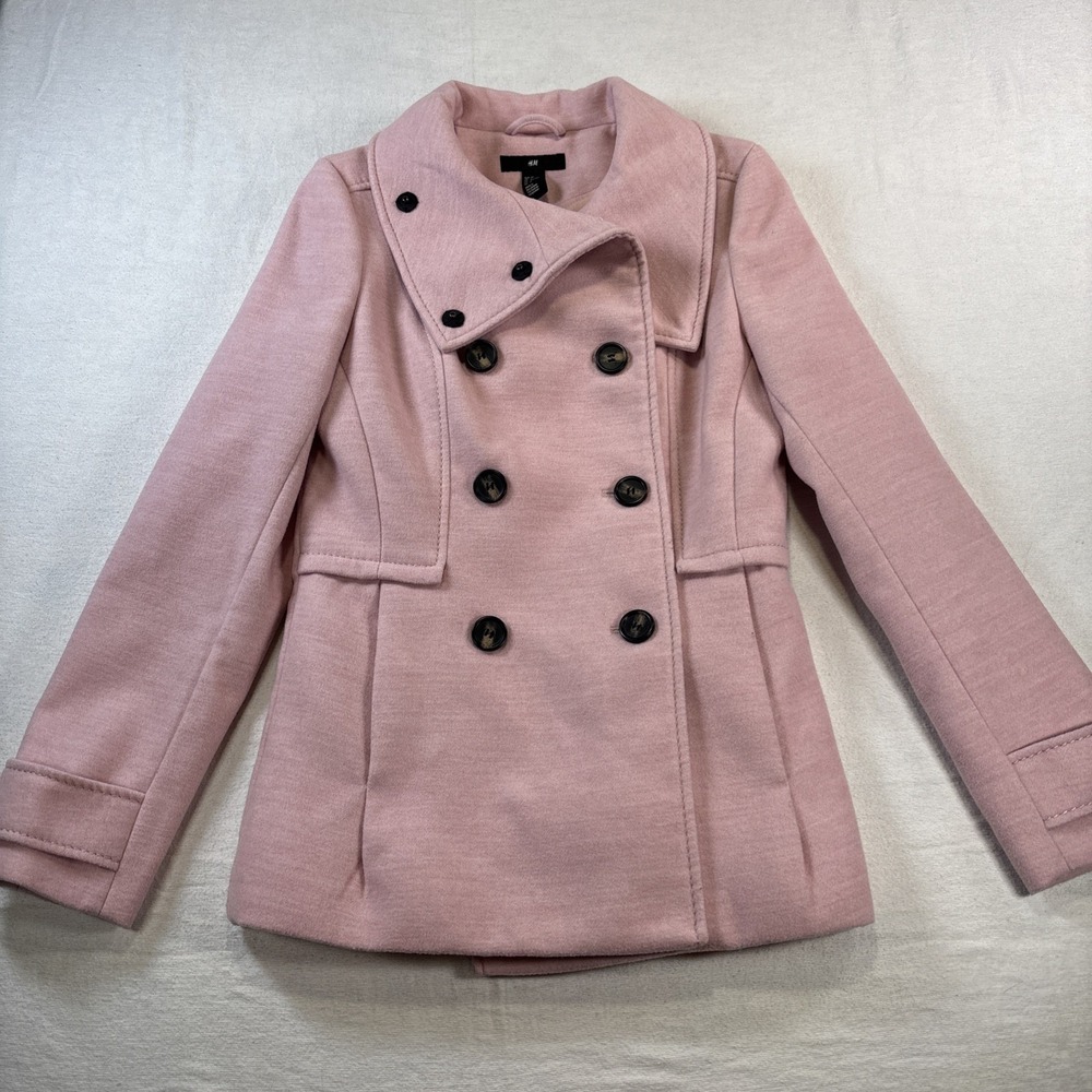 H&M Women's Pink Pea Coat Jacket, Size 6, Double-Breasted, Lined with Pockets